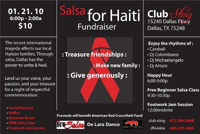 Salsa for Haiti at Club Sting this Thursday Jan 21st